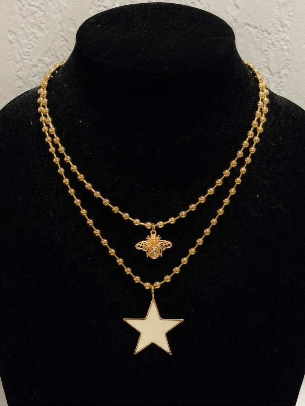 Gold Custom Made Double-Layer Star & Bee Pendant Necklace - Women Jewelry